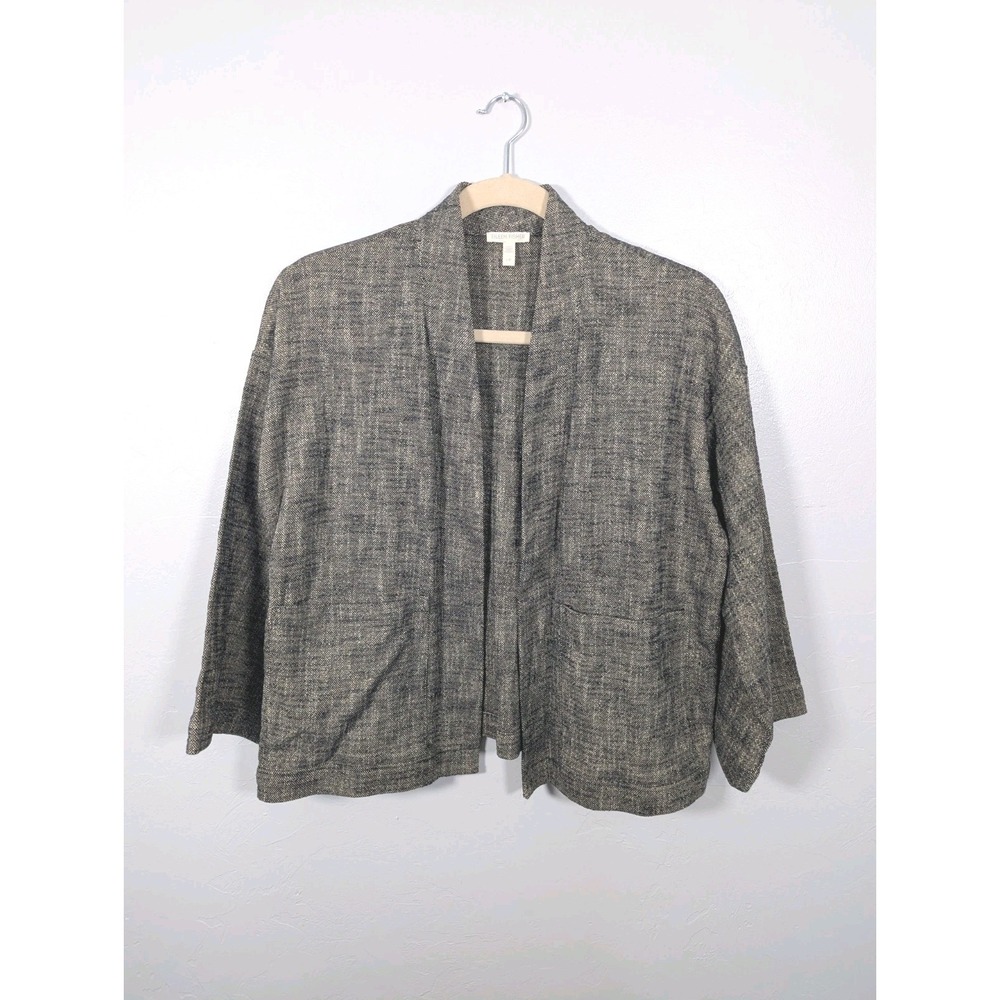Eileen Fisher Linen‎ Blend Blazer L Tan Black Marked Open Front Career Office